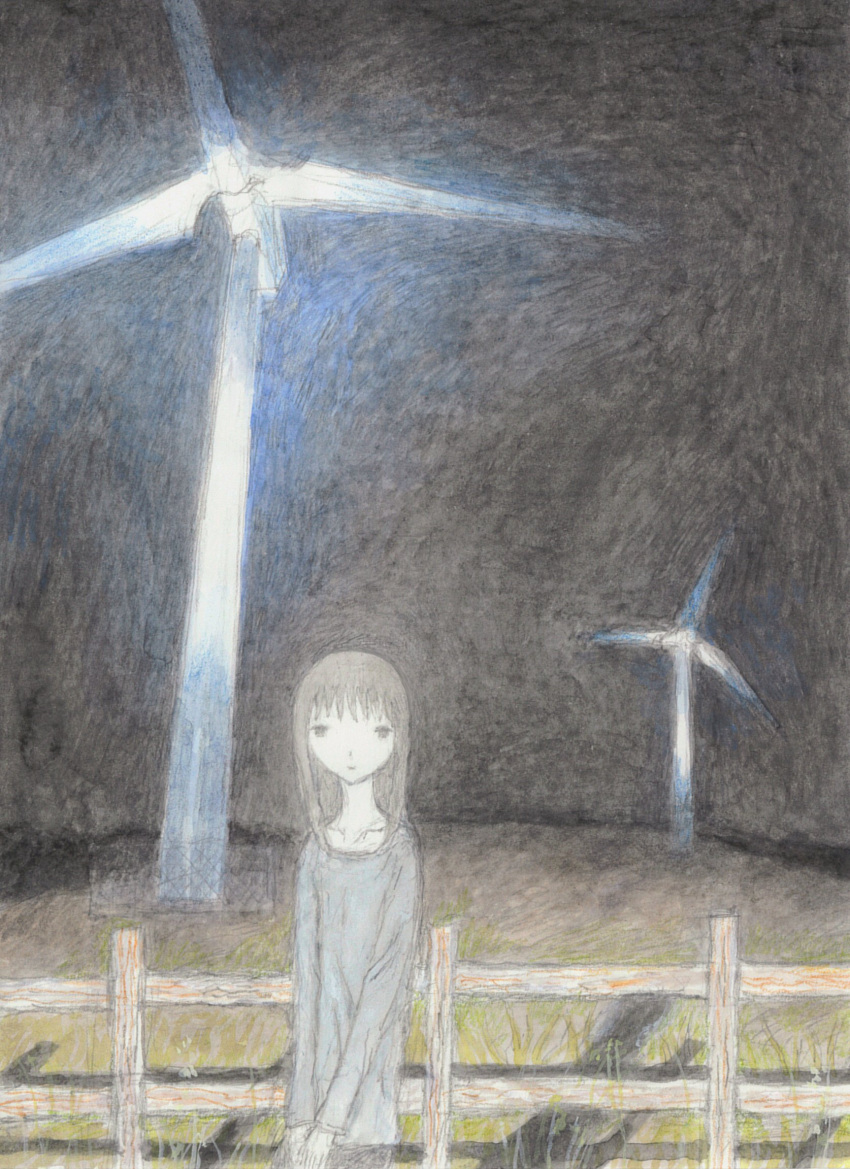 1girl, black_pants, black_sky, brown_hair, english_commentary, fence, grass, grey_shirt, highres, looking_at_viewer, original, outdoors, pajamabou, pale_color, pants, shadow, shirt, sky, solo, traditional_media, v_arms, wide_shot, wind_turbine, wooden_fence