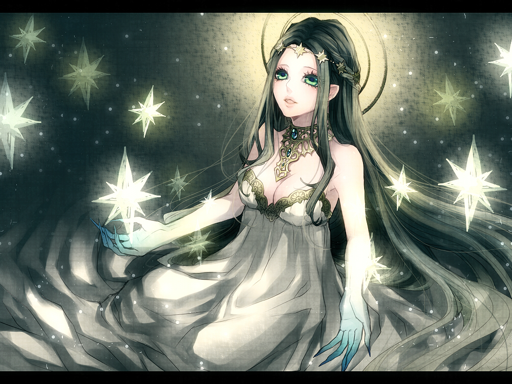 breasts, circlet, claws, cleavage, dress, gem, green_eyes, green_hair