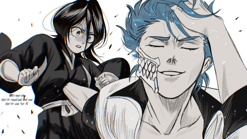 1boy, 1girl, arrancar, artist_name, black_hair, black_kimono, bleach, broken_mask, closed_eyes, collared_shirt, grimmjow_jaegerjaquez, hair_between_eyes, hand_in_own_hair, highres, impaled, japanese_clothes, jujutsu_kaisen, kimono, kuchiki_rukia, m1rimorinku, mask, meme, naoya_hitting_choso_without_looking_(meme), obi, open_mouth, sash, shihakusho, shirt, sparkle