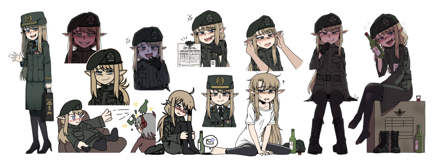 2girls, absurdres, blue_eyes, bottle, brown_hair, demon_girl, drunk, elf