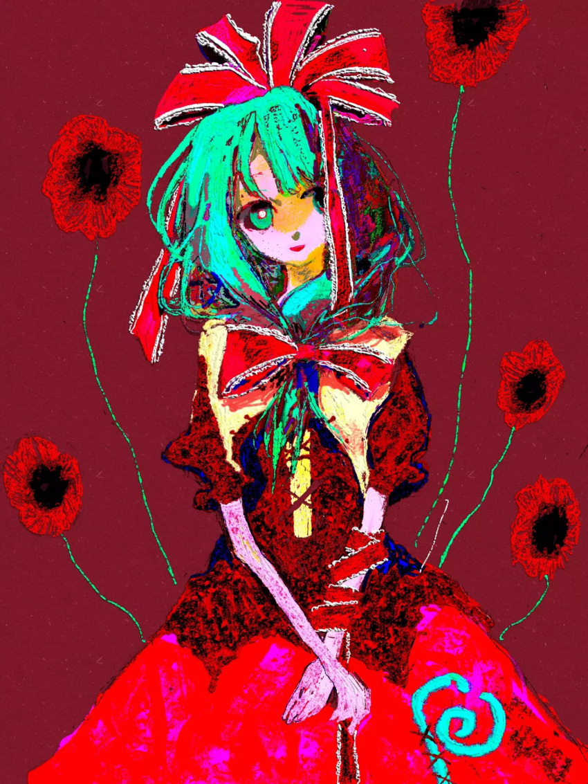 1girl, arm_ribbon, bow, cowboy_shot, cross-laced_clothes, cross-laced_dress, dress, fabit609, flower, flower_request, frilled_bow, frilled_ribbon, frills, front_ponytail, green_eyes, green_hair, hair_bow, hashtag-only_commentary, highres, kagiyama_hina, light_smile, long_hair, looking_at_viewer, puffy_short_sleeves, puffy_sleeves, red_background, red_bow, red_dress, red_ribbon, ribbon, short_sleeves, solo, spiral, straight-on, touhou, v_arms