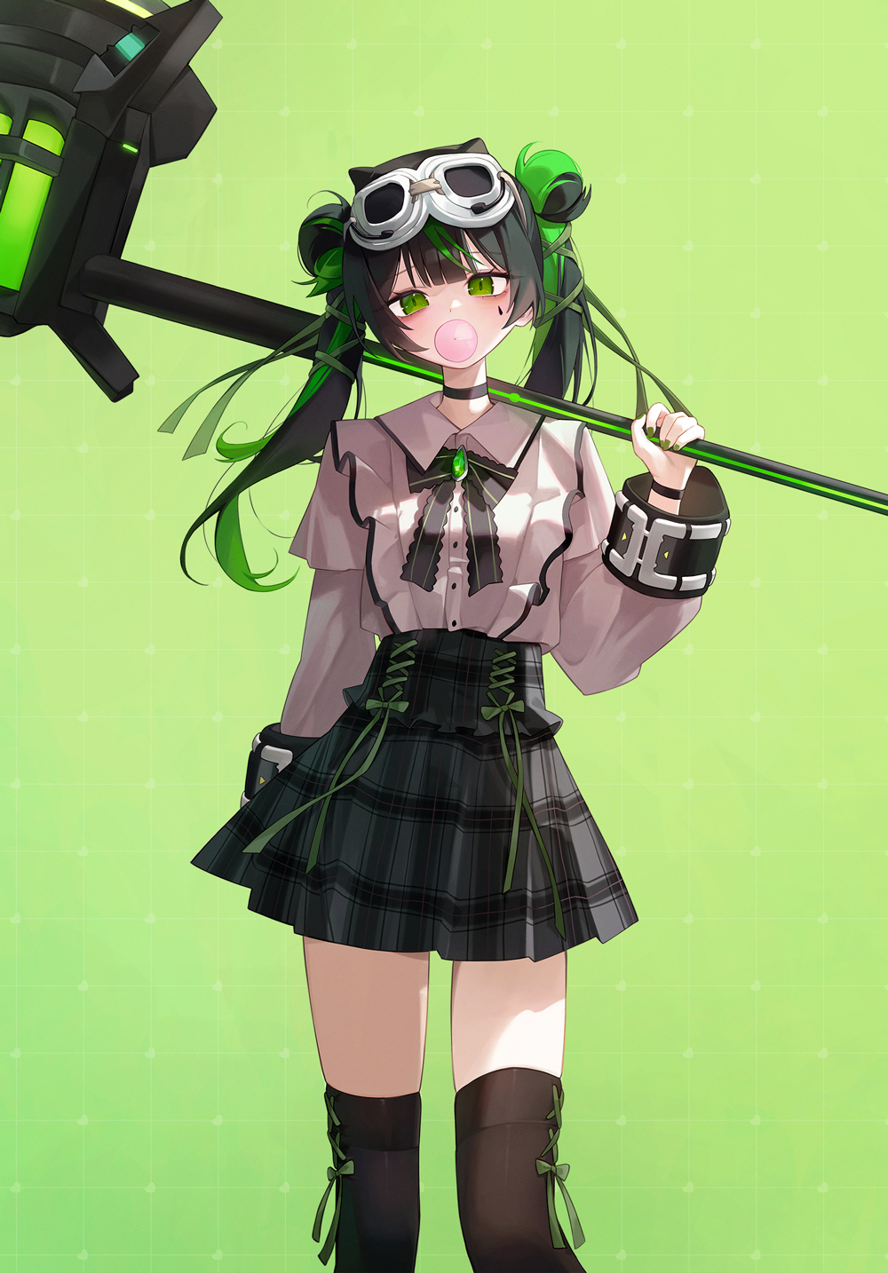 1girl, black_bow, black_bowtie, black_choker, black_hair, black_skirt, black_thighhighs, blowing_bubbles, bow, bowtie, chewing_gum, choker, collared_shirt, commentary, cross-laced_clothes, cross-laced_sleeves, death_hammer_chouloky, double_bun, facial_mark, feet_out_of_frame, frills, goggles, goggles_on_head, green_background, green_bow, green_eyes, green_hair, green_nails, green_ribbon, green_theme, hair_bun, hair_ribbon, hammer, heart, heart_facial_mark, highres, holding, holding_hammer, holding_scythe, holding_weapon, layered_sleeves, long_hair, long_sleeves, looking_at_viewer, miniskirt, multicolored_hair, nail_polish, over_shoulder, plaid_clothes, plaid_skirt, pleated_skirt, ribbon, s0104y, scythe, shirt, short_over_long_sleeves, short_sleeves, simple_background, skirt, solo, standing, star_(symbol), star_facial_mark, streaked_hair, thigh-highs, twintails, two-tone_hair, virtual_youtuber, waktaverse, weapon, weapon_over_shoulder, white_shirt, zettai_ryouiki