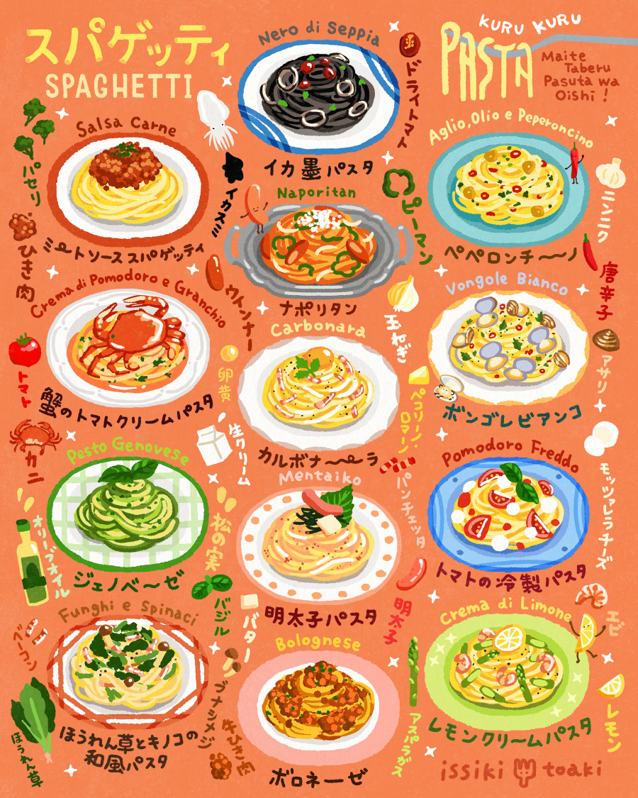asparagus, basil_leaf, bell_pepper, bell_pepper_slice, black_spaghetti, bolognese_sauce, carbonara_(food), chili_pepper