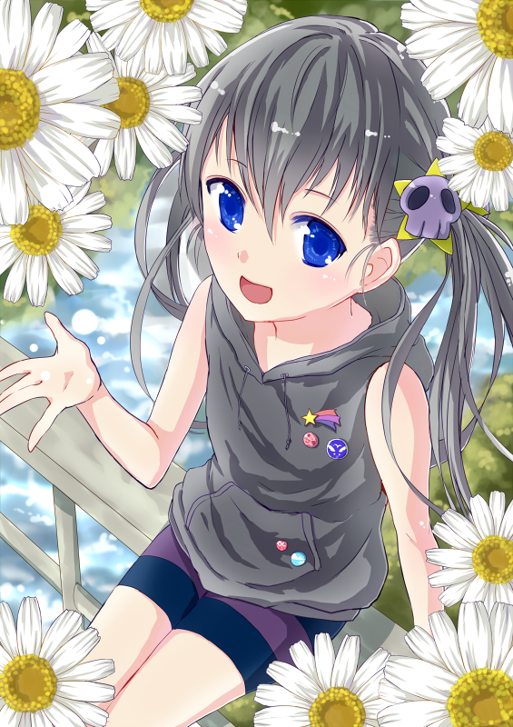 bike_shorts, black_eyes, blue_eyes, casual, daisy, flower, hair_ornament, hoodie, open_mouth, original, pins, rail, railing, sitting, skull, sleeveless, smile, solo, spats, twintails