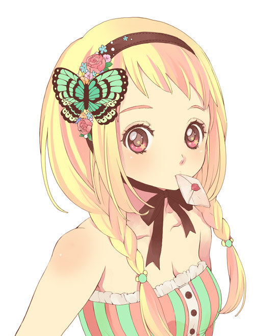 blonde_hair, braid, breasts, butterfly, cleavage, flower, frills, hairband