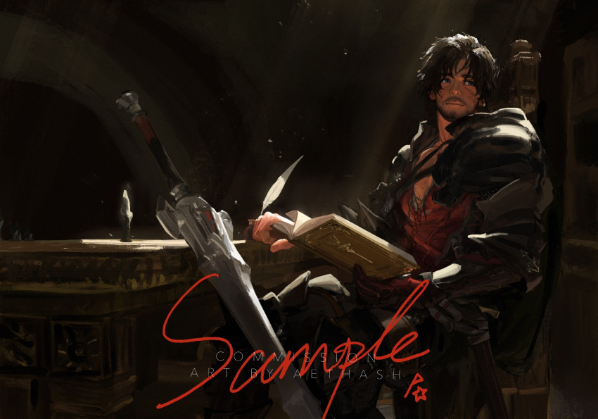 1boy, aethash, armor, beard, black_cape, black_hair, black_pants, black_shirt