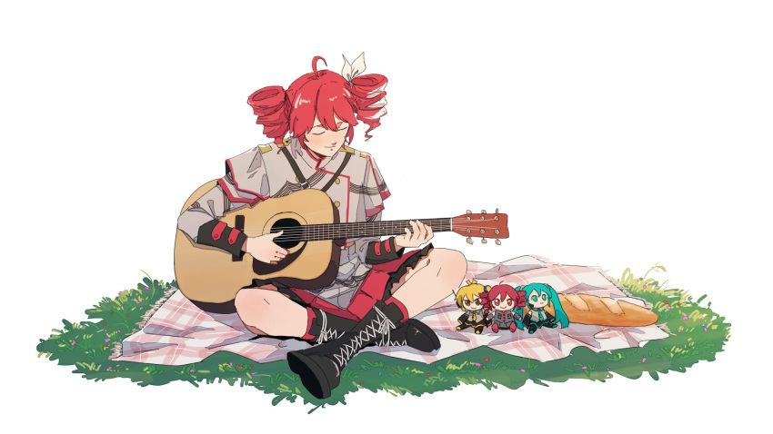1girl, acoustic_guitar, ahoge, akita_neru, aqua_eyes, aqua_hair, baguette, black_boots