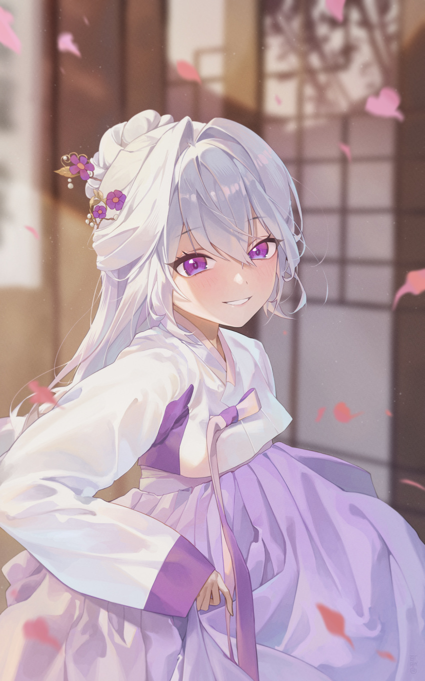 1girl, architecture, blurry, blurry_background, blush, commentary, depth_of_field, falling_petals