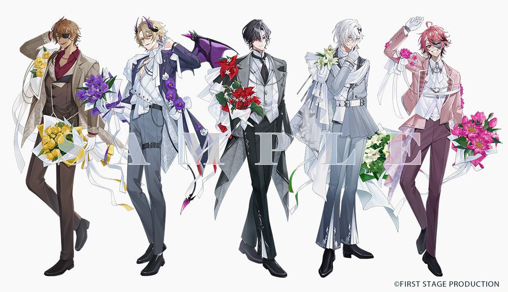 5boys, :d, ahoge, arm_up, ascot, bandaged_head, bandages, belt