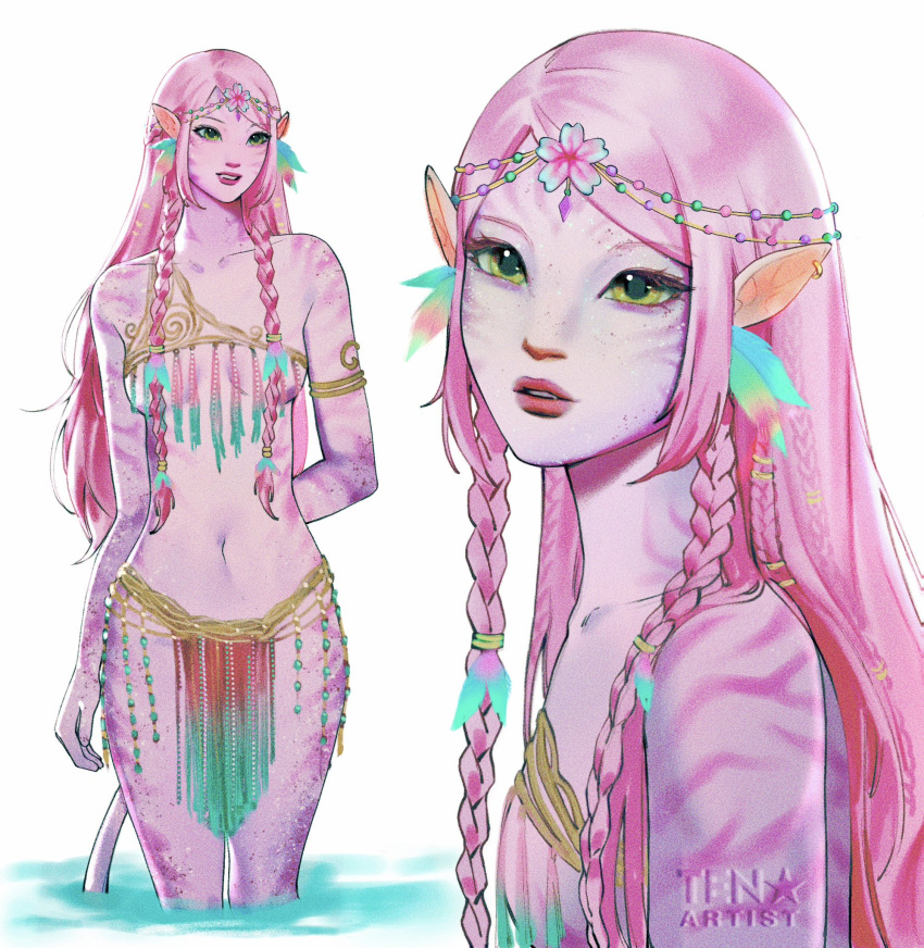 1girl, alien, alternate_species, armlet, braid, braided_twintails, breasts, circlet