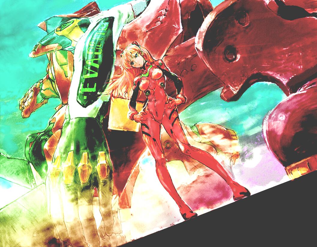 evangelion:_2.0_you_can_(not)_advance, foreshortening, graphite_(medium), hands_on_hips, head_tilt, koukaku, mecha, mixed_media