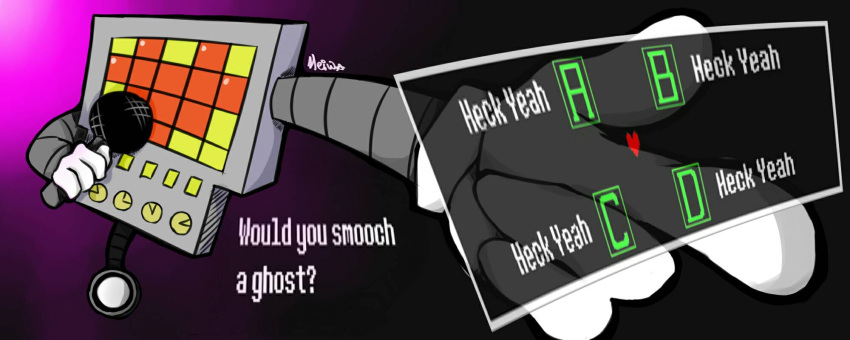 1boy, 2016, 2d, artist_name, black_background, commentary, dark_background, dialogue_options, digital_media, english_commentary, english_text, fewer_digits, foreshortening, full_body, gameplay_mechanics, gloves, gradient_background, heart, heiwachan, holding, holding_microphone, male, male_focus, male_only, mettaton, mettaton_(box), microphone, non-humanoid_robot, outstretched_arm, pink_background, pixel_heart, robot, robot_boy, signature, simple_background, solo, text, two-tone_background, undertale, utdr_(toby_fox), wheel, white_gloves