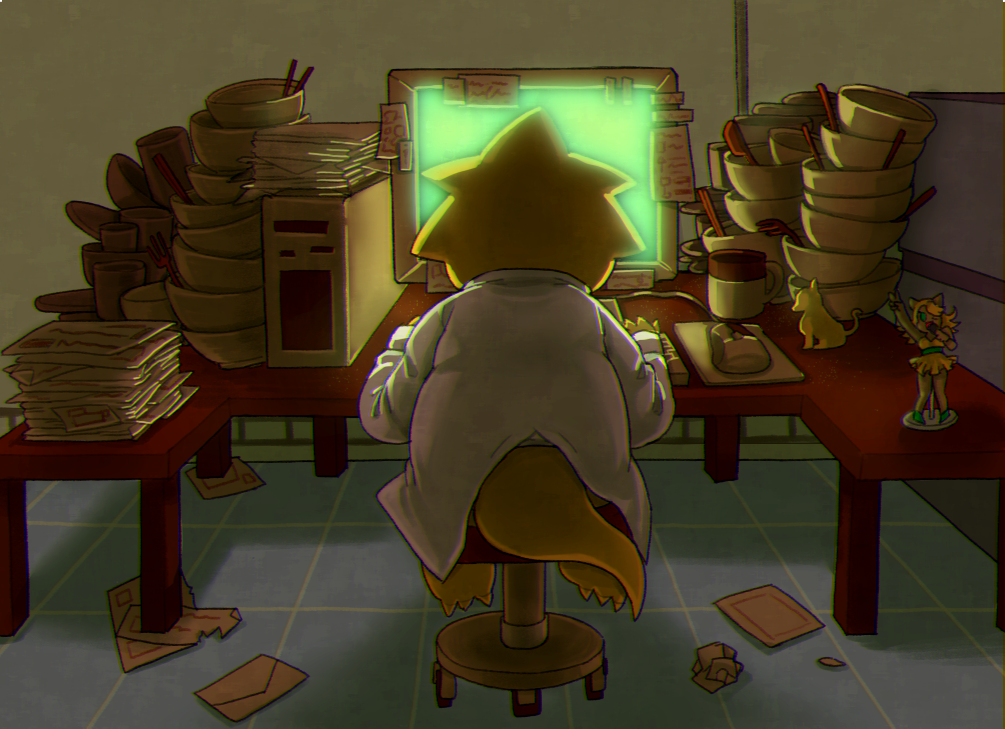 1girl, 2017, 2d, action_figure, alphys, anthro, at_computer, back