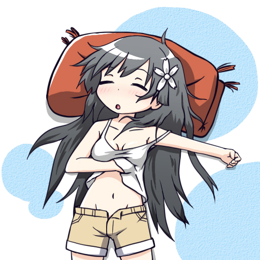 breasts, cleavage, closed_eyes, eyes_closed, flower, hair_flower, hair_ornament, long_hair, lowres, lying, moja_(gibson), navel, off_shoulder, on_back, pillow, saten_ruiko, shorts, sleeping, solo, strap_slip, tank_top, to_aru_kagaku_no_railgun, to_aru_majutsu_no_index, unbuttoned