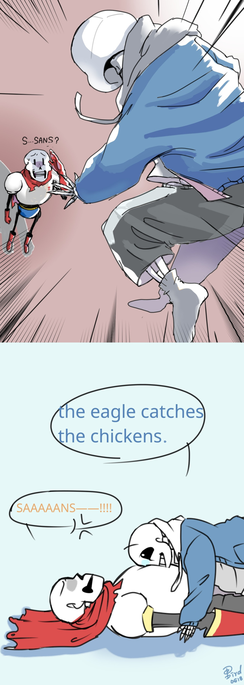 2018, 2boys, 2d, anger_vein, aqua_background, armor, artist_name, black_pants, blue_jacket, blue_shorts, boots, brothers, brown_background, cape, comic, dated, db-bird, digital_media, duo, edit, emphasis_lines, english_text, face_on_another's_chest, from_above, gloves, gradient_background, grey_hood, height_difference, highres, hollow_eyes, hood, hood_down, hooded_jacket, humanoid, jacket, long_sleeves, looking_at_another, looking_up, lying, lying_on_person, male, male_focus, male_only, monster, monster_boy, multiple_boys, on_back, open_clothes, open_jacket, papyrus_(undertale), red_boots, red_cape, red_gloves, sans_(undertale), shadow, shirt, shorts, siblings, signature, simple_background, single_vertical_stripe, skeleton, socks, speech_bubble, standing, stitched, striped_pants, tall_image, teeth, text, third-party_edit, two-tone_background, undead, undertale, utdr_(toby_fox), vertical-striped_clothes, vertical-striped_pants, white_armor, white_background, white_shirt, white_socks