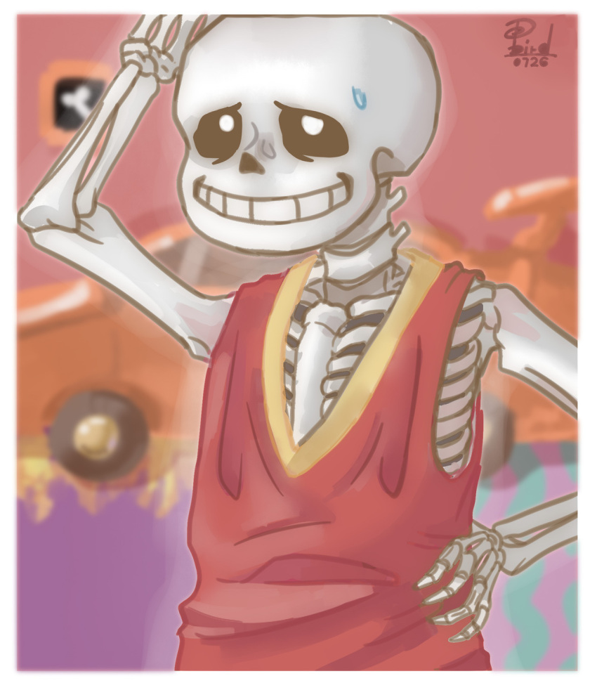 1boy, 2018, 2d, alternate_costume, arm_up, artist_name, border, commentary, dated, db-bird, digital_media, english_commentary, hand_on_own_waist, hollow_eyes, humanoid, in-universe_location, indoors, male, male_focus, male_only, monster, monster_boy, red_tank_top, ribs, sans_(undertale), signature, skeleton, solo, standing, sweat, tank_top, teeth, two-tone_clothes, undead, undertale, upper_body, utdr_(toby_fox), white_border