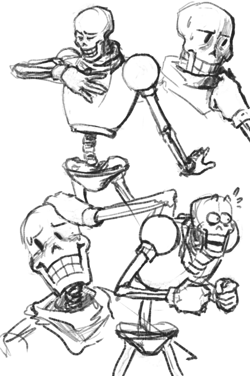 1boy, 2022, 2d, armor, cape, clenched_hands, closed_eyes, commentary, cropped_legs, cropped_shoulders, digital_media, english_commentary, flying_sweatdrops, gloves, goldenautomaton, hand_on_own_chest, hand_on_own_head, humanoid, male, male_focus, male_only, monochrome, monster, monster_boy, multiple_views, papyrus_(undertale), shorts, simple_background, skeleton, solo, sweat, teeth, undead, undertale, utdr_(toby_fox), white_background