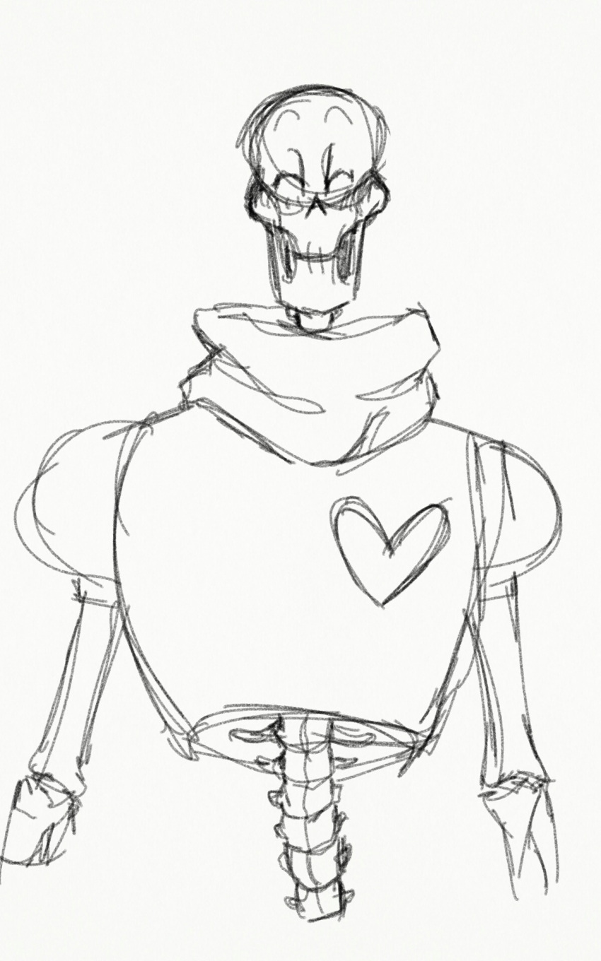 1boy, 2017, 2d, armor, arms_at_sides, closed_eyes, commentary, digital_media, english_commentary, goldenautomaton, heart, highres, humanoid, male, male_focus, male_only, monochrome, monster, monster_boy, papyrus_(undertale), scarf, simple_background, skeleton, sketch, solo, straight-on, teeth, undead, undertale, upper_body, utdr_(toby_fox), white_background