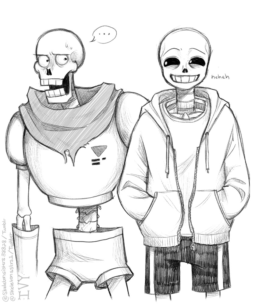 ..., 2022, 2boys, 2d, alternate_height, armor, artist_name, black_shorts, brothers, cape, commentary, cropped_legs, digital_media, drawstring, duo, english_commentary, english_text, faux_traditional_media, gloves, hands_in_pockets, hatching_(texture), highres, hollow_eyes, hood, hood_down, hooded_jacket, humanoid, ivy_(skeletonsisters38828), jacket, long_sleeves, looking_at_another, male, male_focus, male_only, monochrome, monster, monster_boy, multiple_boys, open_clothes, open_jacket, open_mouth, papyrus_(undertale), sans_(undertale), shirt, shorts, siblings, single_vertical_stripe, skeleton, spoken_ellipsis, standing, straight-on, striped_shorts, sweat, teeth, text, tumblr_username, twitter_username, undead, undertale, utdr_(toby_fox), vertical-striped_clothes, vertical-striped_shorts, watermark, white_stripes, wide-eyed