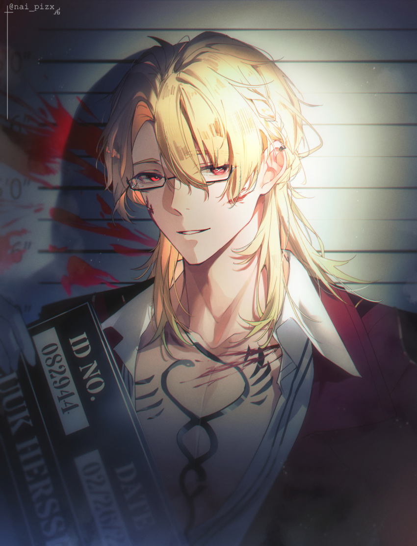 1boy, black-framed_eyewear, blonde_hair, blood, blood_on_face, body_markings, collarbone, commentary