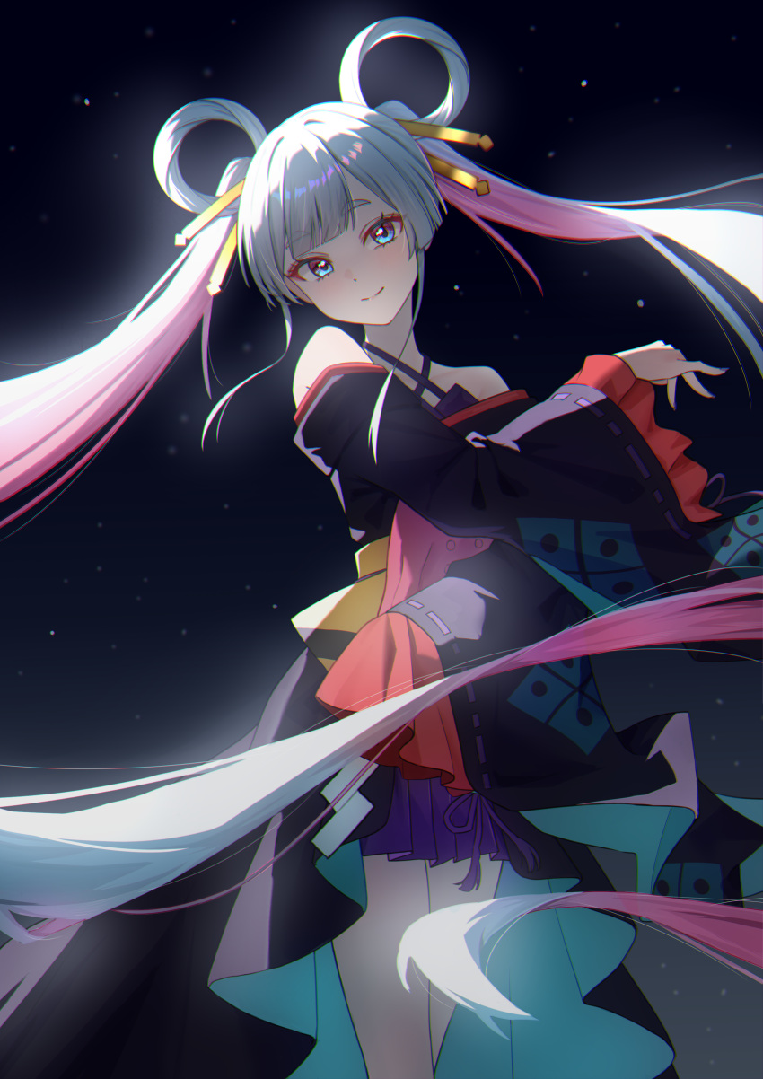 1girl, absurdres, bare_shoulders, black_kimono, blue_eyes, blunt_bangs, chinese_commentary, chou_kaguya-hime!, cicada_xi, closed_mouth, commentary_request, floating_hair, hair_ornament, hair_rings, hair_stick, halterneck, highres, japanese_clothes, kimono, long_hair, long_sleeves, looking_at_viewer, multicolored_hair, night, off_shoulder, pink_hair, sky, smile, solo, standing, star_(sky), starry_sky, twintails, two-tone_hair, very_long_hair, white_hair, wide_sleeves, yachiyo_runami