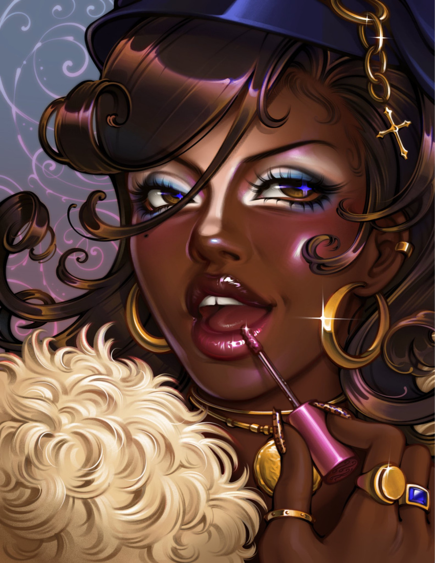 1girl, animal_print, applying_lipgloss, applying_makeup, babybeetlekat, black_hat, blue_background, blue_eyeshadow