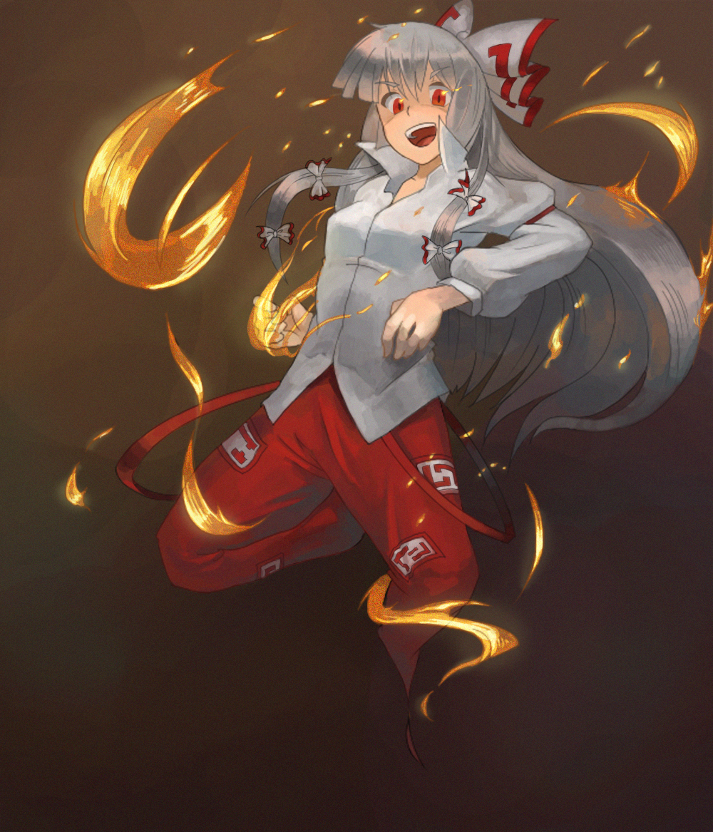 chiro., fire, fujiwara_no_mokou, hair_ribbon, jumping, long_hair, long_sleeves, open_mouth