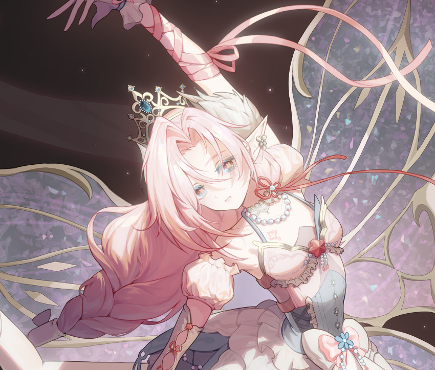 1girl, :|, arched_back, arm_ribbon, arm_up, ballet, black_background, blue_corset