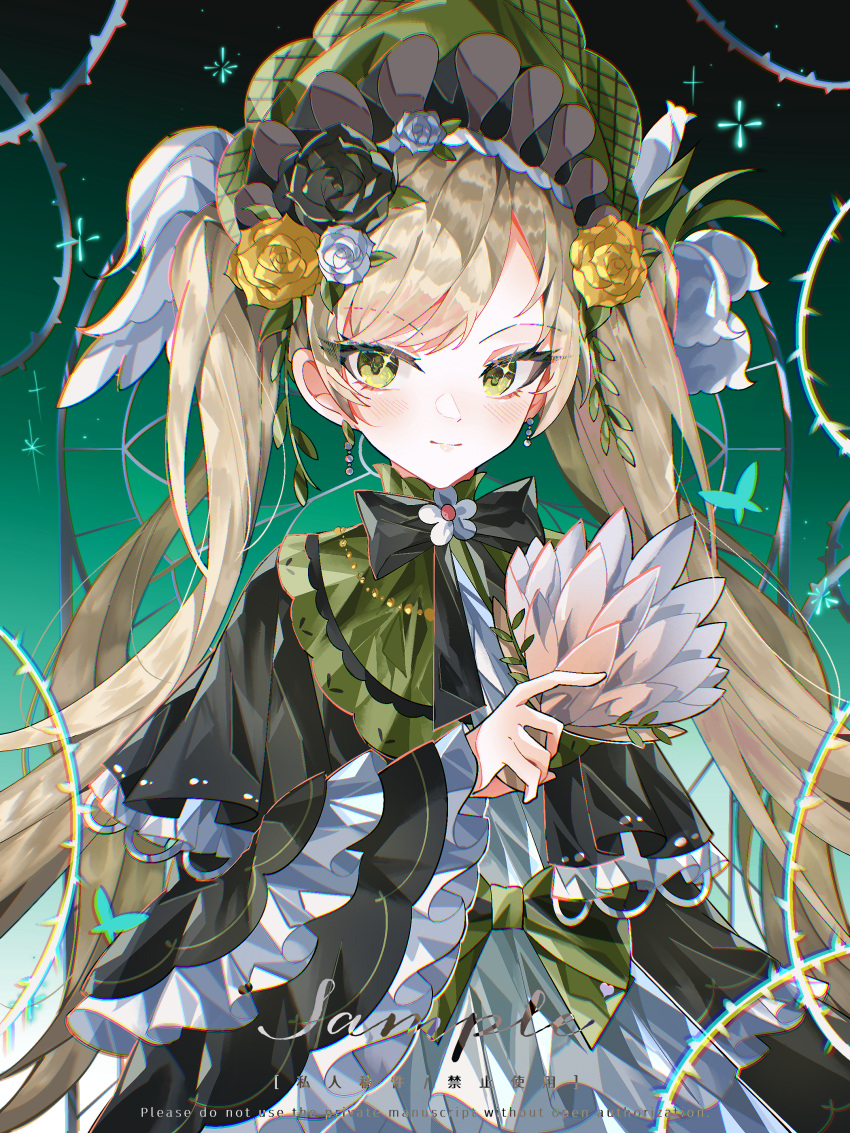 1girl, absurdres, black_bow, black_dress, blonde_hair, blush, bonnet, bow