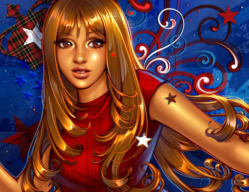 1girl, babybeetlekat, blonde_hair, blue_background, brown_eyes, commentary, dark-skinned_female, dark_skin