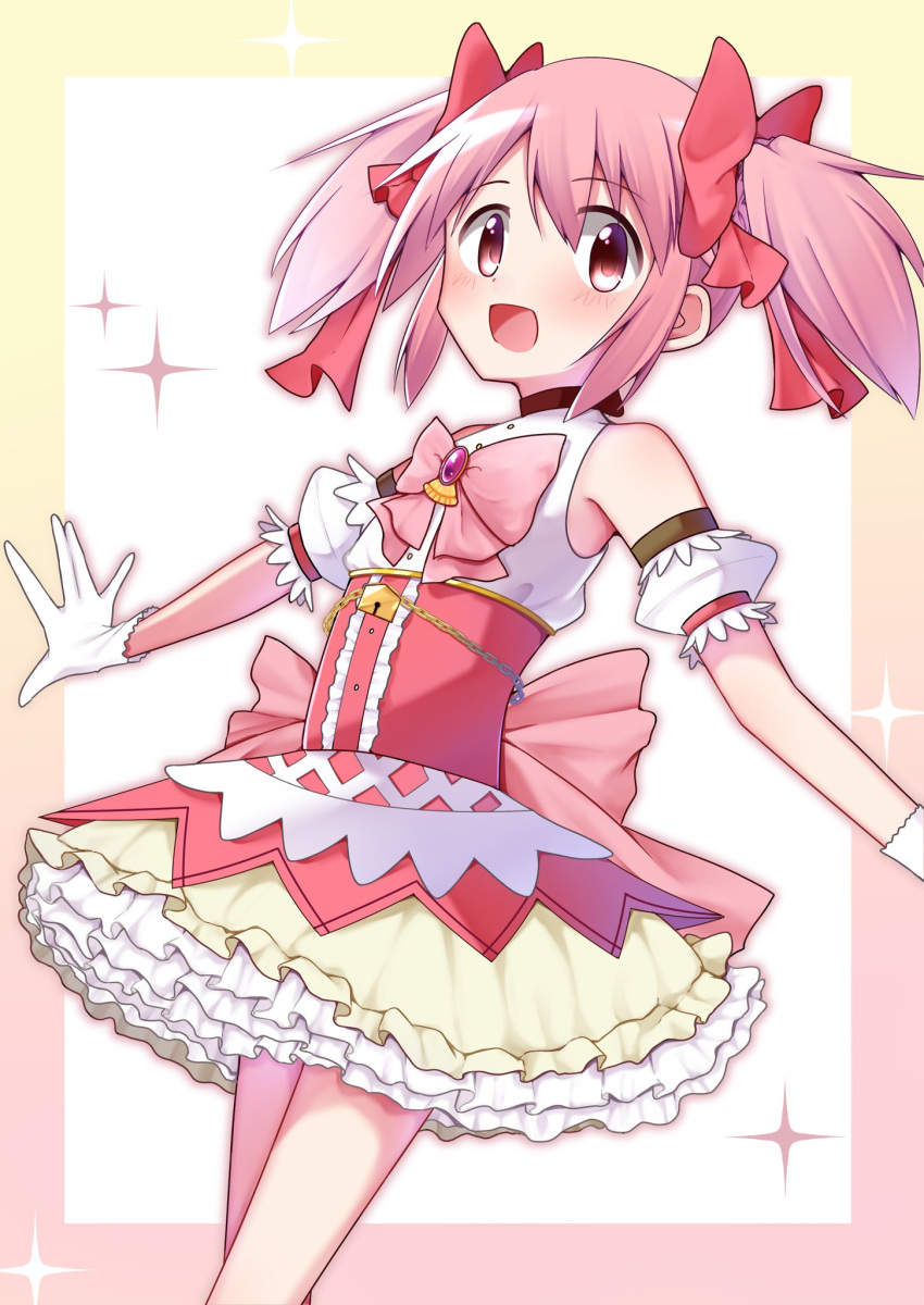 1girl, :d, back_bow, blush, border, bow, bowtie, chain