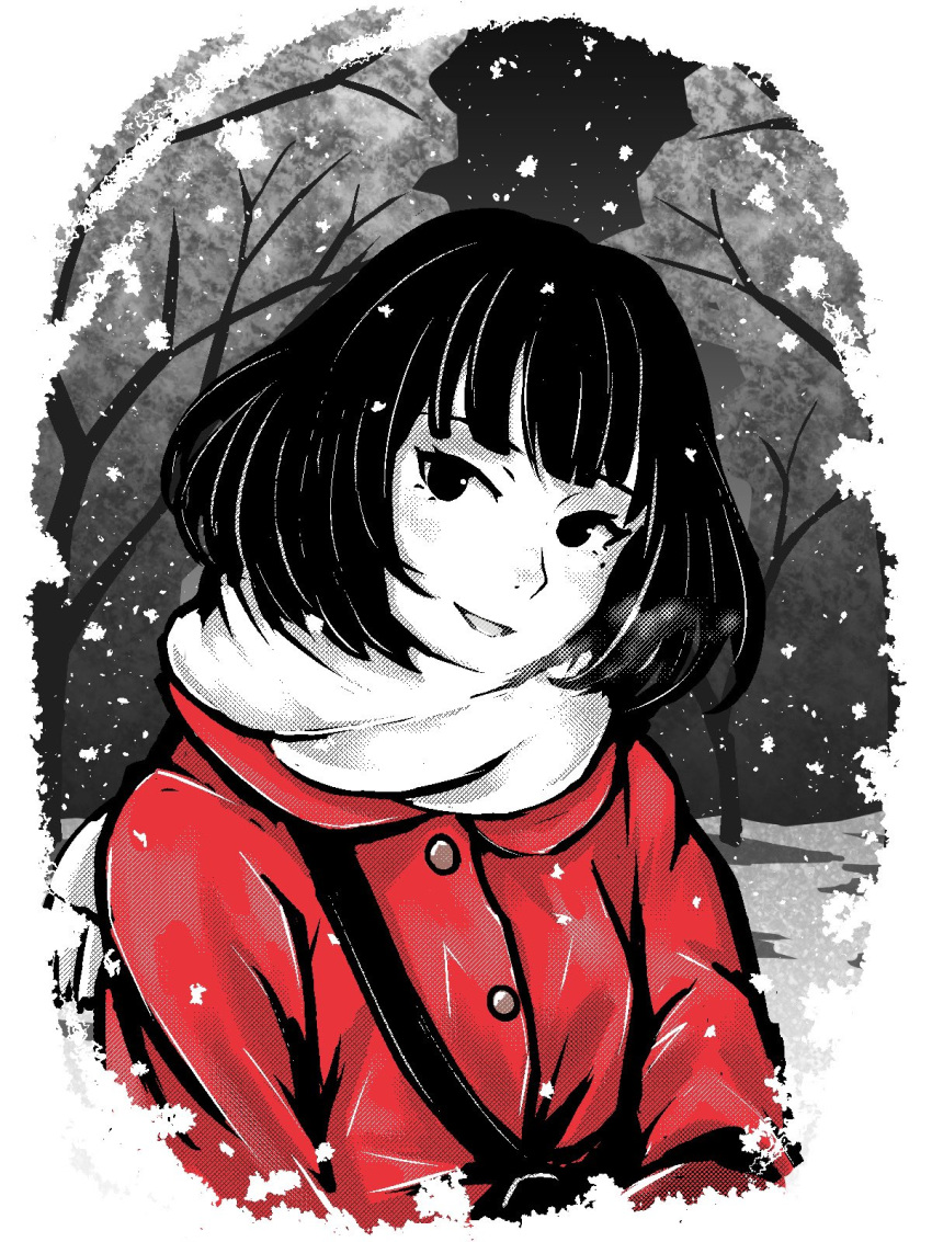1girl, akashi_(yojouhan), black_eyes, black_hair, bob_cut, coat, colored_skin, commentary_request