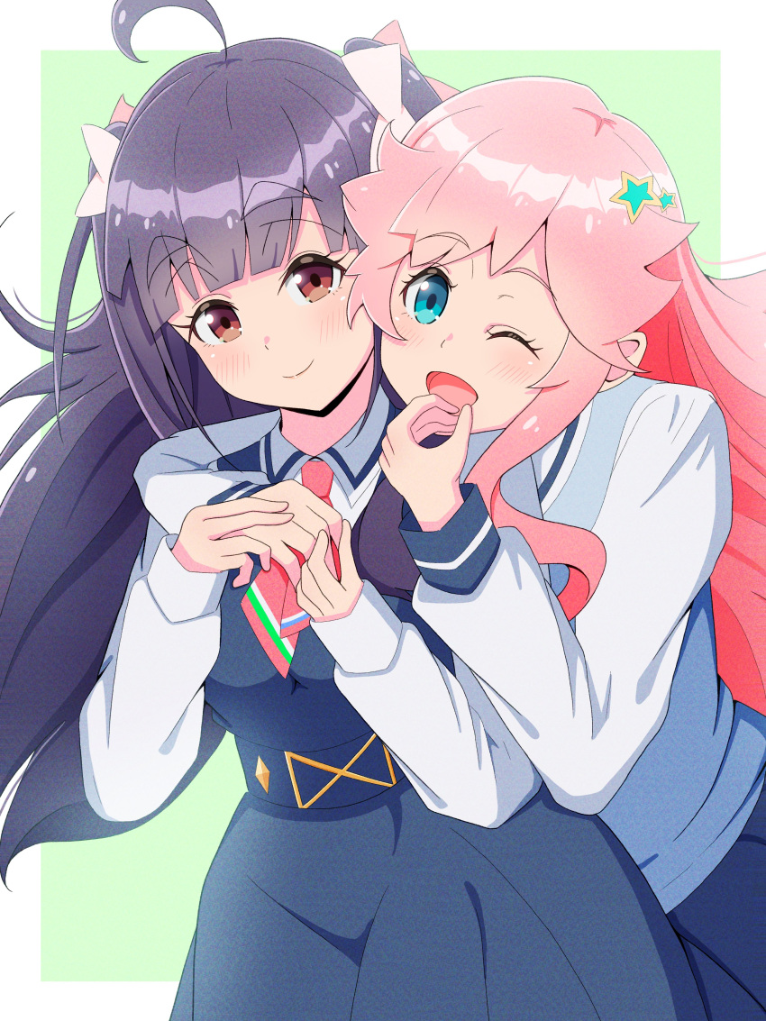 2girls, ;d, absurdres, ahoge, arm_around_neck, blue_dress, blue_eyes, blush