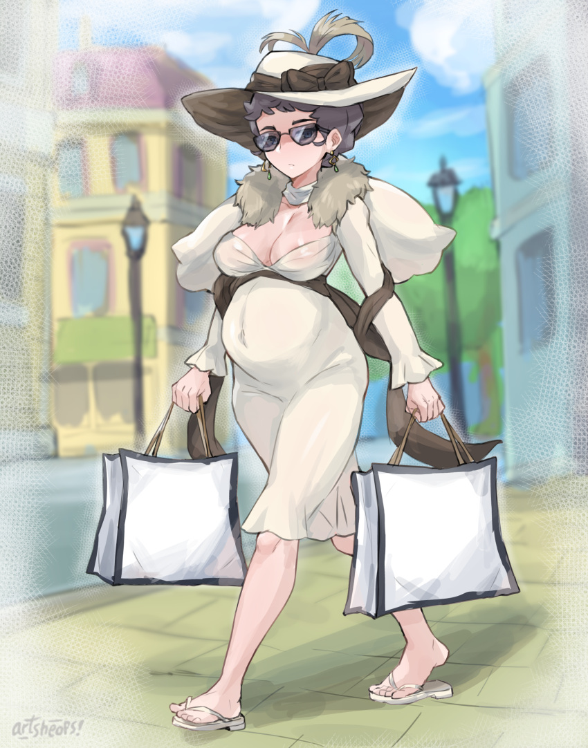 1girl, absurdres, artsheops, bag, black_hair, blue_eyes, blue_sky, blurry