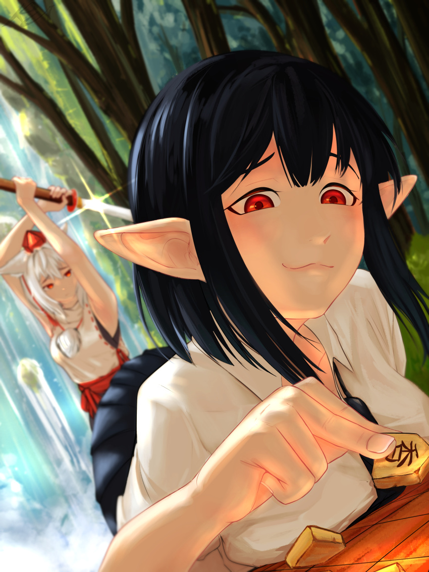 2girls, absurdres, animal_ears, arms_up, black_hair, blurry, board_game, breasts