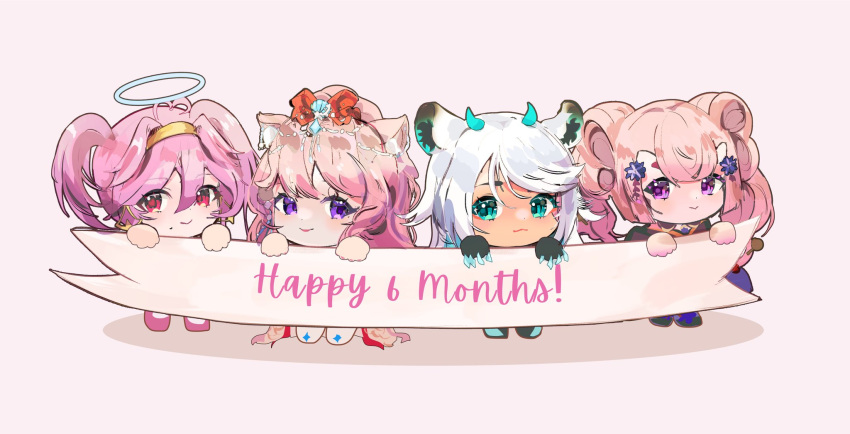 4girls, ahoge, angel, animal_ears, ashliel_ailove, banner, bow, bow_earrings