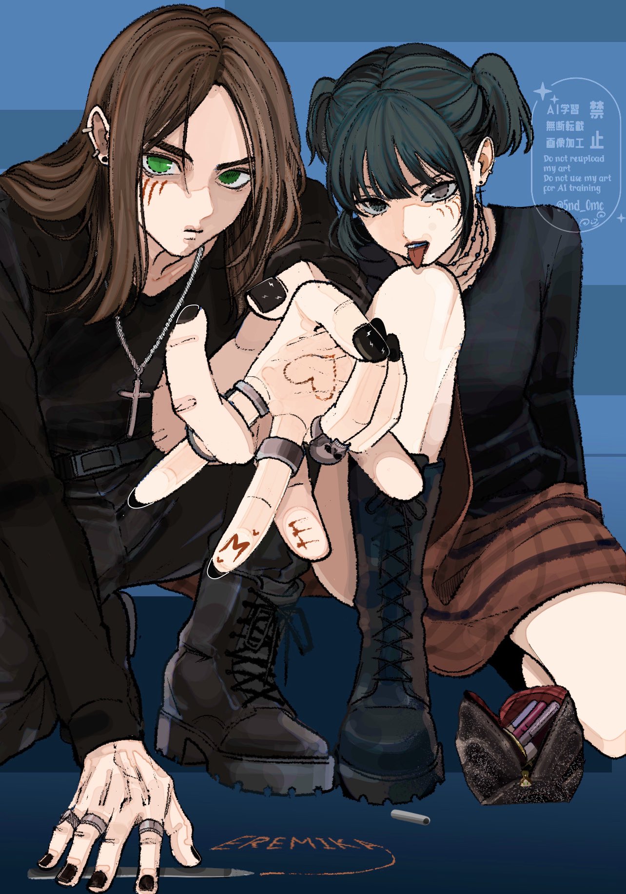 1boy, 1girl, 5nd_0mc, bag, black_boots, black_nails, black_pants, black_shirt