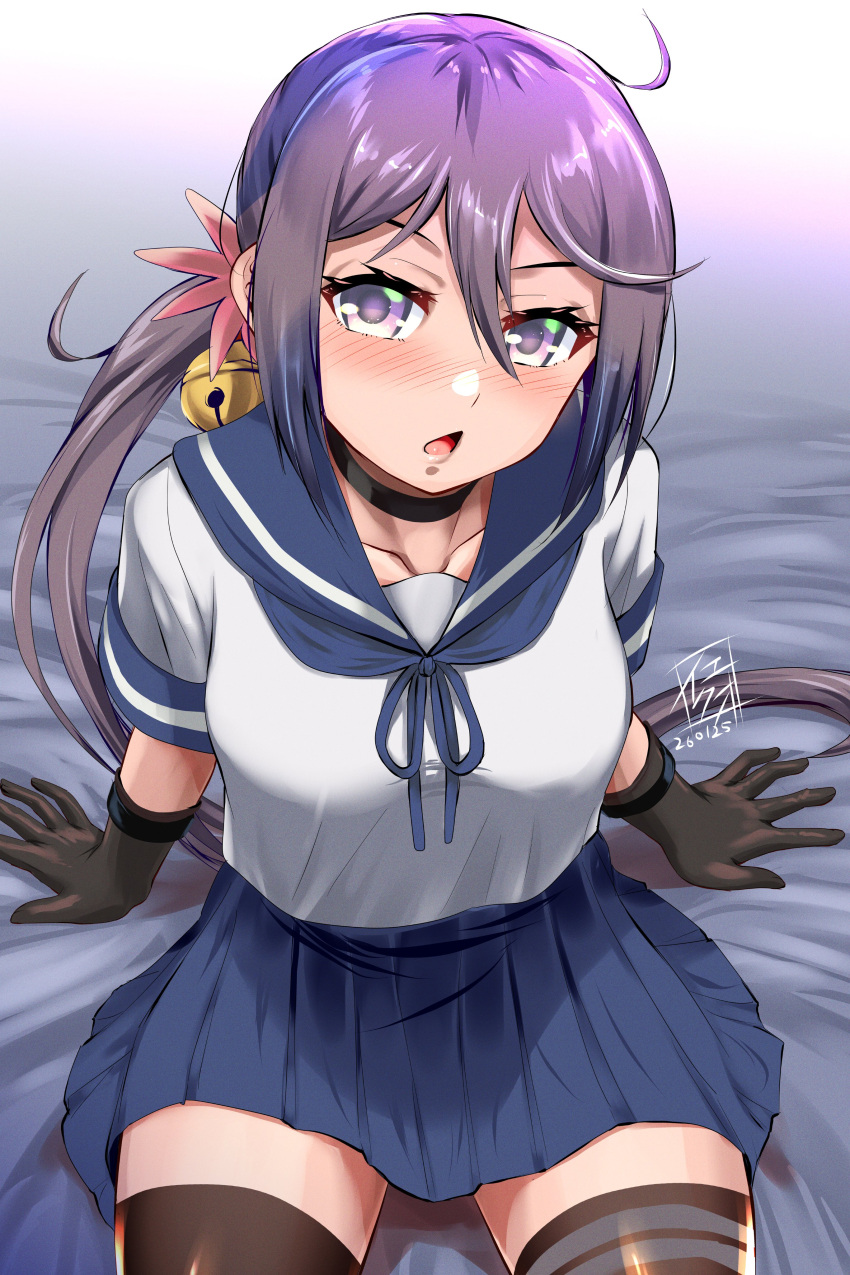 1girl, absurdres, ahoge, akebono_(kancolle), akebono_kai_ni_(kancolle), artist_logo, bell, black_gloves