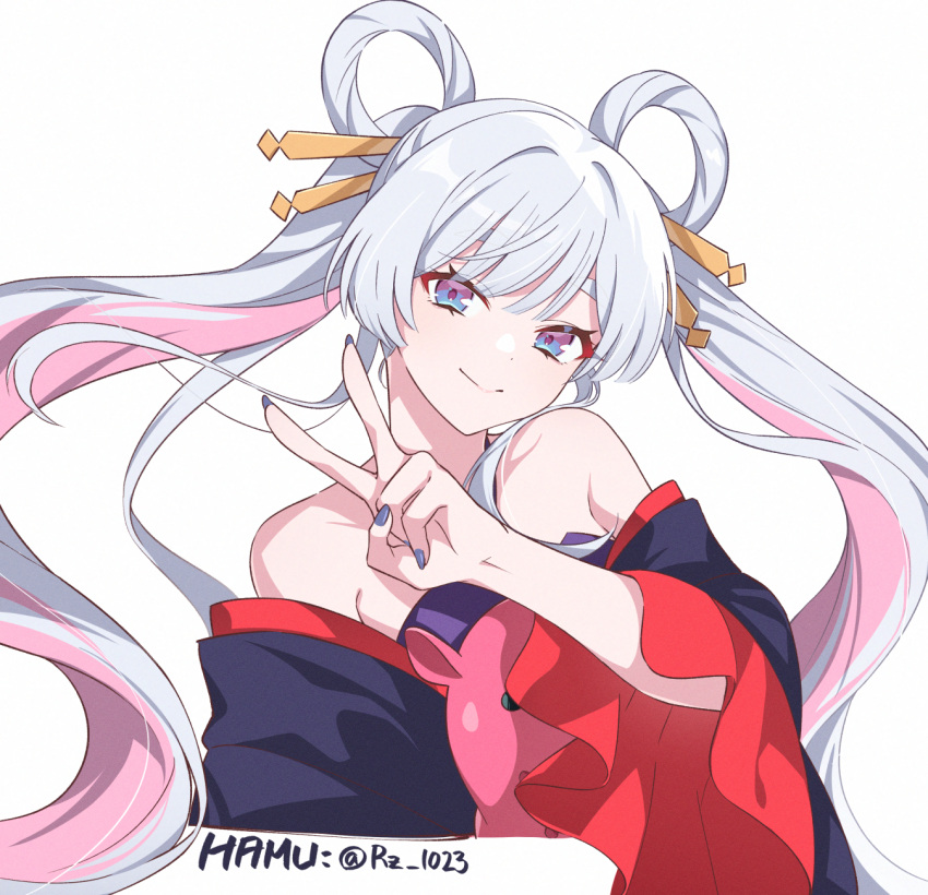 1girl, artist_name, bare_shoulders, black_kimono, chou_kaguya-hime!, commentary_request, gradient_eyes, hair_rings