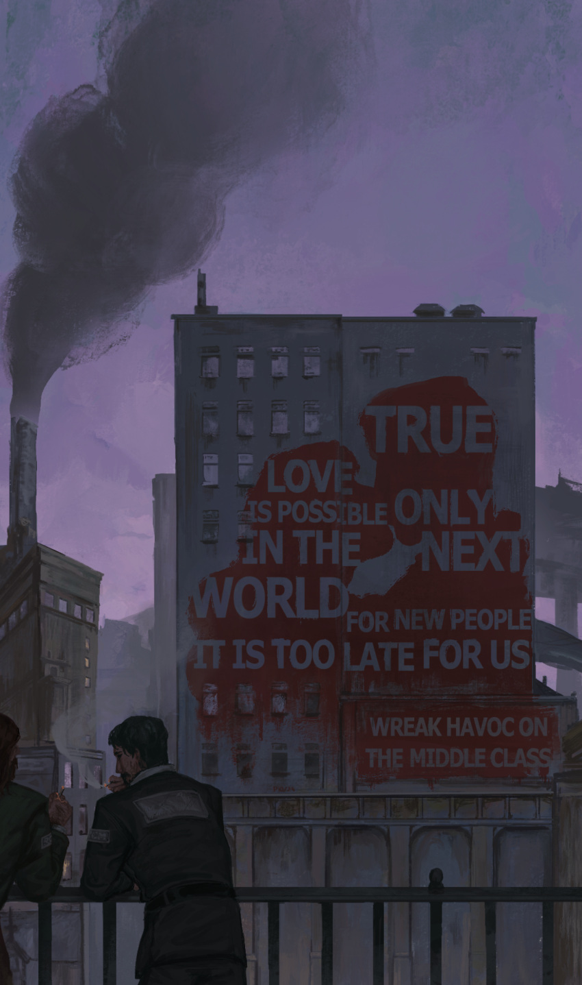 2boys, against_railing, black_hair, black_jacket, chimney, cigarette, city, commentary