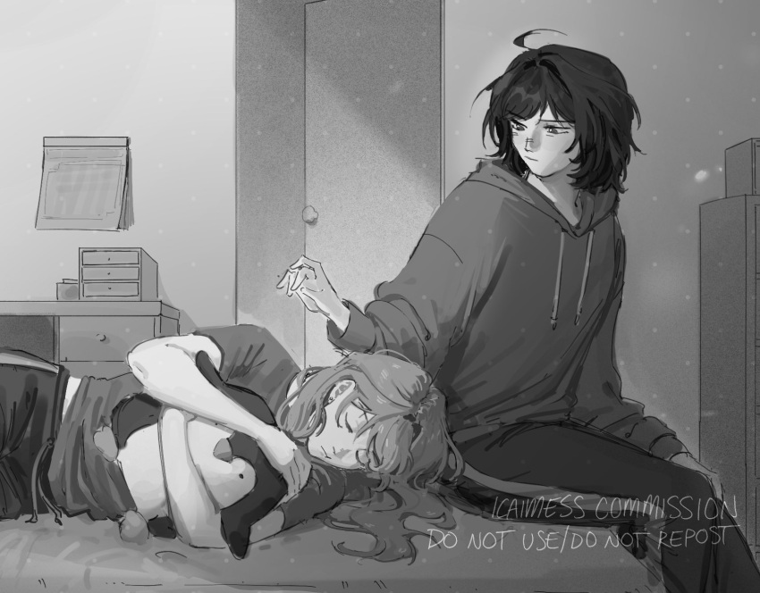 2girls, ahoge, calendar_(object), commentary, commission, english_commentary, greyscale, highres, hood, hoodie, icaimes, indoors, light_particles, long_sleeves, miyagi_shiori, monochrome, multiple_girls, pants, second-party_source, sendai_hazuki, short_hair, short_sleeves, shuuniichido_classmate_wo_kau_hanashi, sitting, stuffed_animal, stuffed_penguin, stuffed_toy