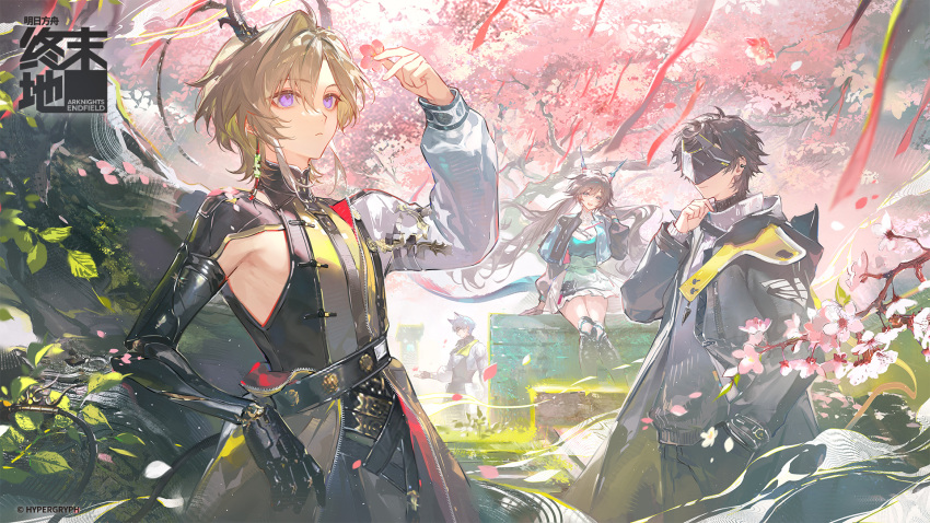 1girl, 3boys, arknights, arknights:_endfield, black_hair, black_jacket, blindfold_mask, branch