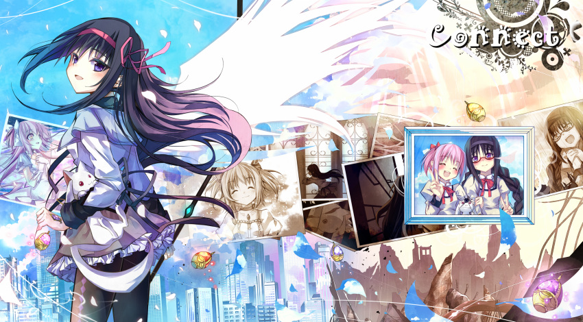 akemi_homura, black_hair, goddess_madoka, highres, kaname_madoka, kyubey, long_hair, magical_girl, mahou_shoujo_madoka_magica, pantyhose, photo_(object), pink_hair, purple_eyes, sho_(artist), sho_(runatic_moon), short_hair, twintails, ultimate_madoka, violet_eyes