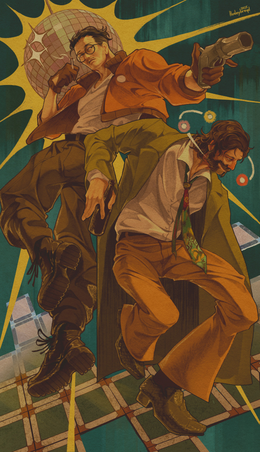 2boys, belt, black_hair, blazer, bomber_jacket, cigarette, collared_shirt, commentary, dancing, disco_ball, disco_elysium, english_commentary, facial_hair, full_body, glasses, green_jacket, grin, gun, handgun, harry_du_bois, highres, holding, holding_cigarette, holding_gun, holding_weapon, honeybreqd, horrific_necktie, jacket, kim_kitsuragi, looking_to_the_side, male_focus, multiple_boys, mutton_chops, orange_jacket, shirt, shirt_tucked_in, smile, smoke, smoke_trail, twisted_torso, weapon, white_shirt