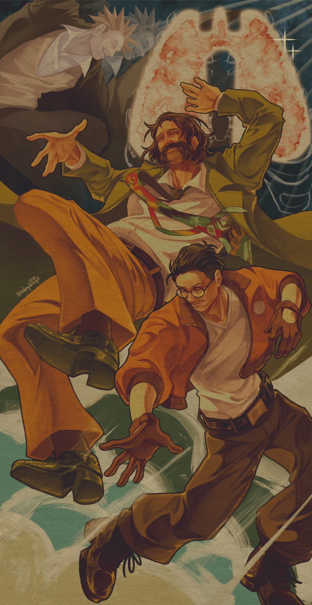 3boys, belt, black_hair, blazer, bomber_jacket, brown_gloves, brown_hair, closed_eyes, collared_shirt, commentary, disco_elysium, english_commentary, facial_hair, full_body, glasses, gloves, glowing_organ, green_jacket, grin, hair_slicked_back, hands_up, harry_du_bois, highres, honeybreqd, horrific_necktie, jacket, kim_kitsuragi, knees_up, lungs, male_focus, mullet, multiple_boys, mustache_stubble, mutton_chops, orange_jacket, outstretched_arm, pete_andre, shirt, shirt_tucked_in, smile, spiky_hair, stubble, vest, white_shirt, yellow_vest