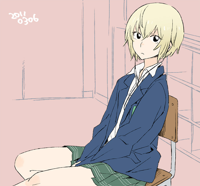 black_eyes, blonde_hair, chair, classroom, earbuds, earphones, kon_futaba, peg