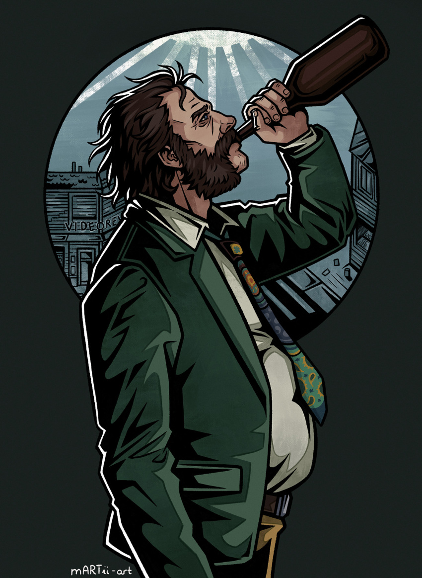 backlighting, belly, belt, blazer, bottle, brown_hair, commentary, cowboy_shot, crow's_feet, disco_elysium, drinking, english_commentary, exhausted, facial_hair, from_side, green_jacket, hair_slicked_back, hand_up, harry_du_bois, highres, holding, holding_bottle, horrific_necktie, jacket, martii-chan, mutton_chops, shirt, shirt_tucked_in, white_shirt, wrinkled_skin