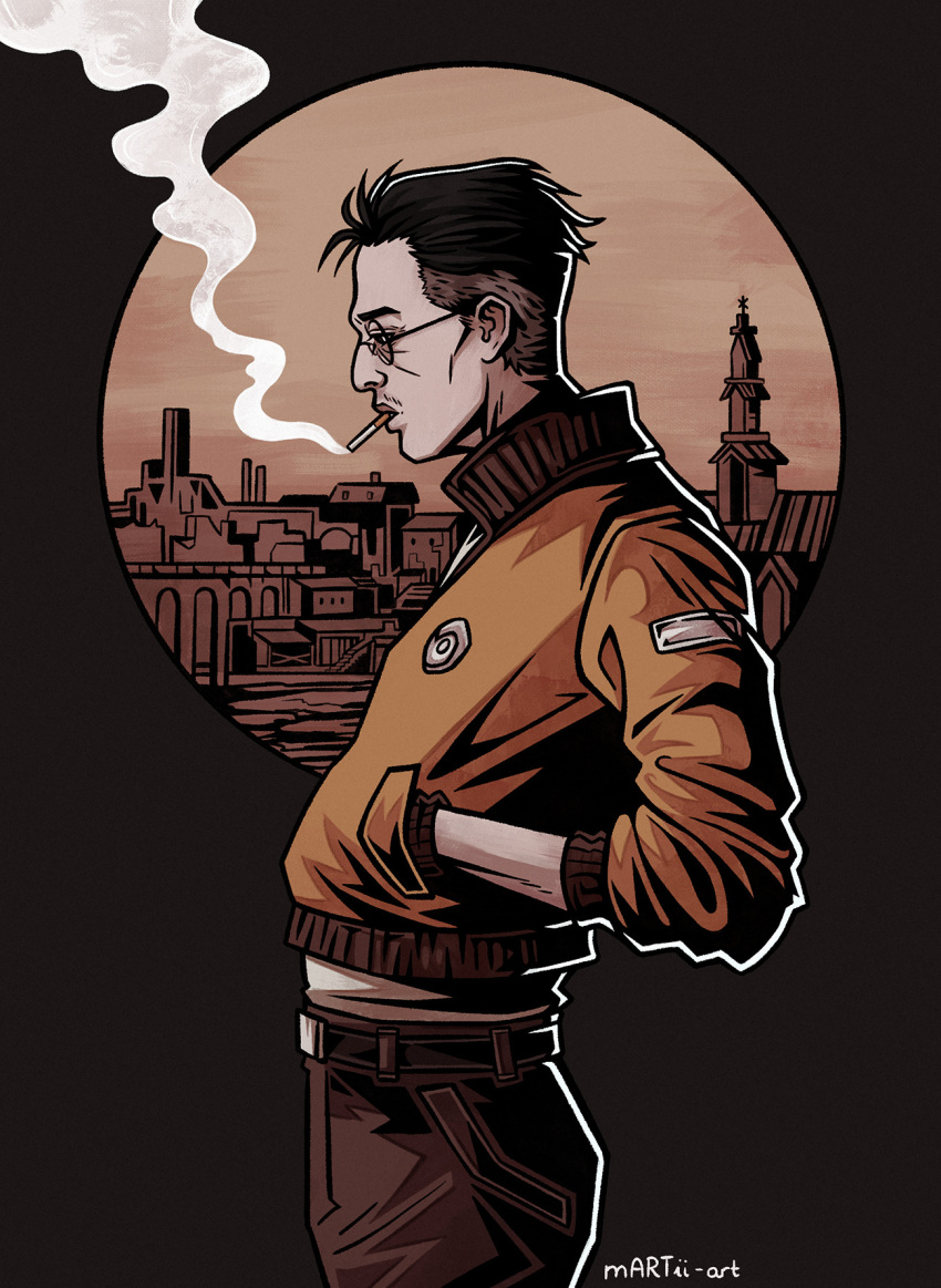 1boy, ass, backlighting, black_hair, bomber_jacket, buzz_cut, cigarette, circle
