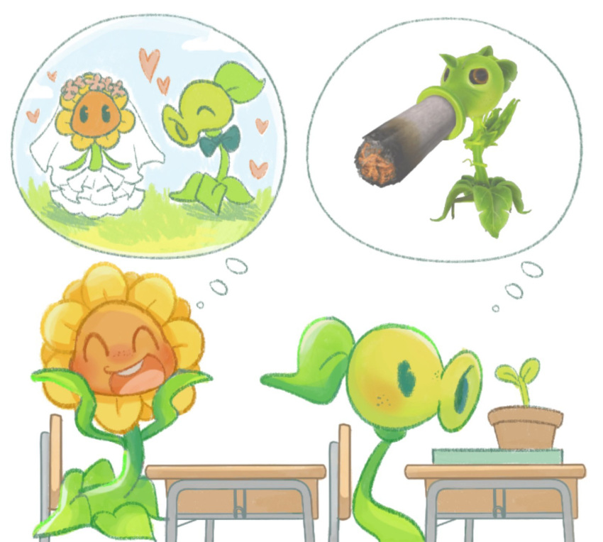 1boy, 1girl, black_sclera, blue_sky, blush, bride, chair, cigarette