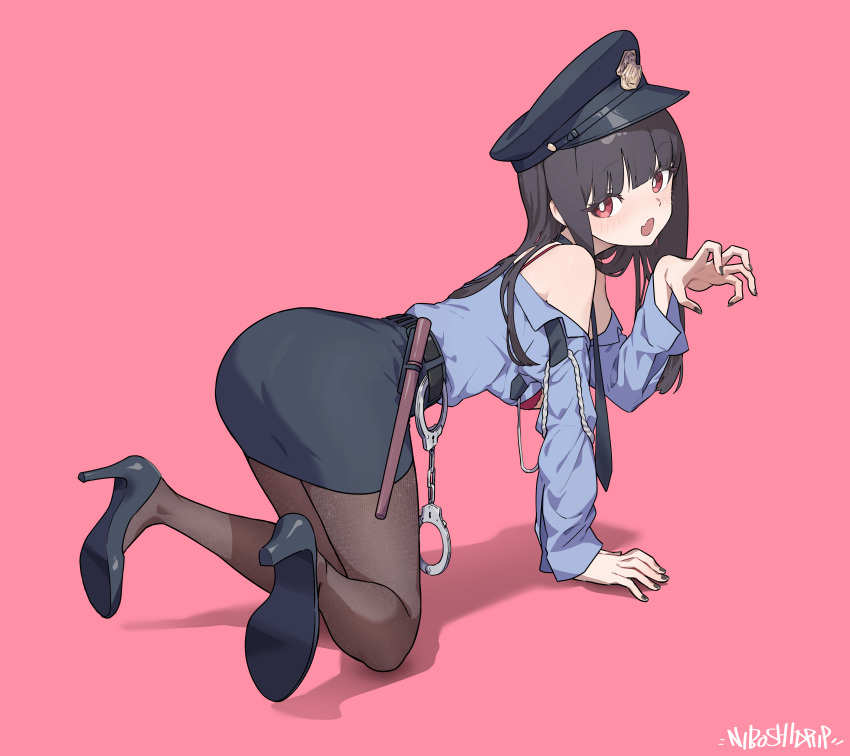 1girl, absurdres, bare_shoulders, baton_(weapon), bent_over, black_hair, black_nails, black_pantyhose